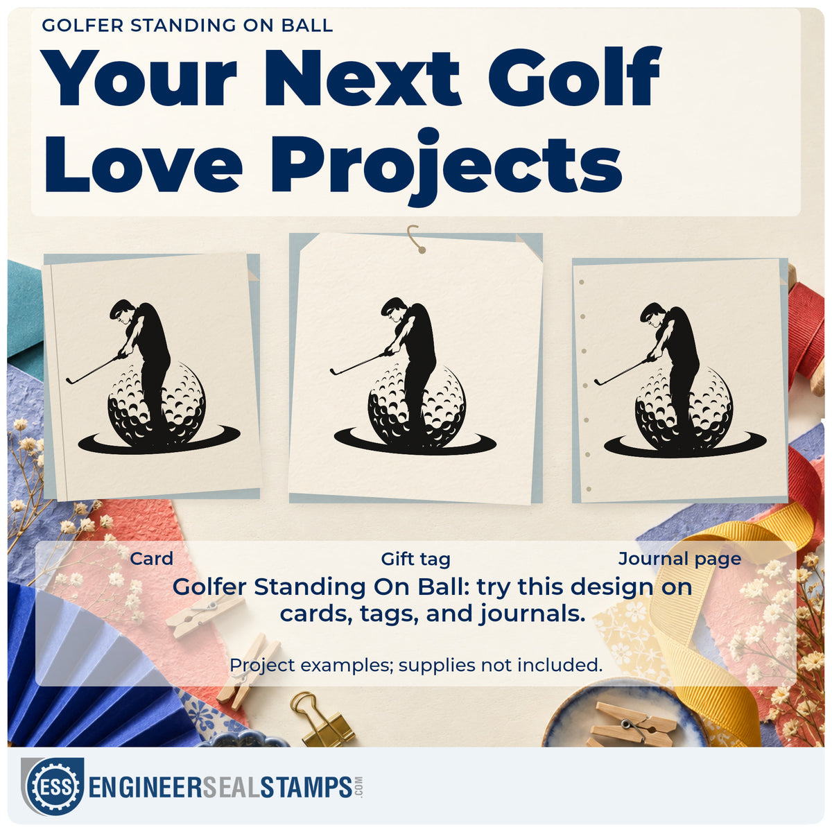Three project examples made with the Golfer Standing On Ball Premium Wooden Stamp – Vintage Pro, including swing change sheet.