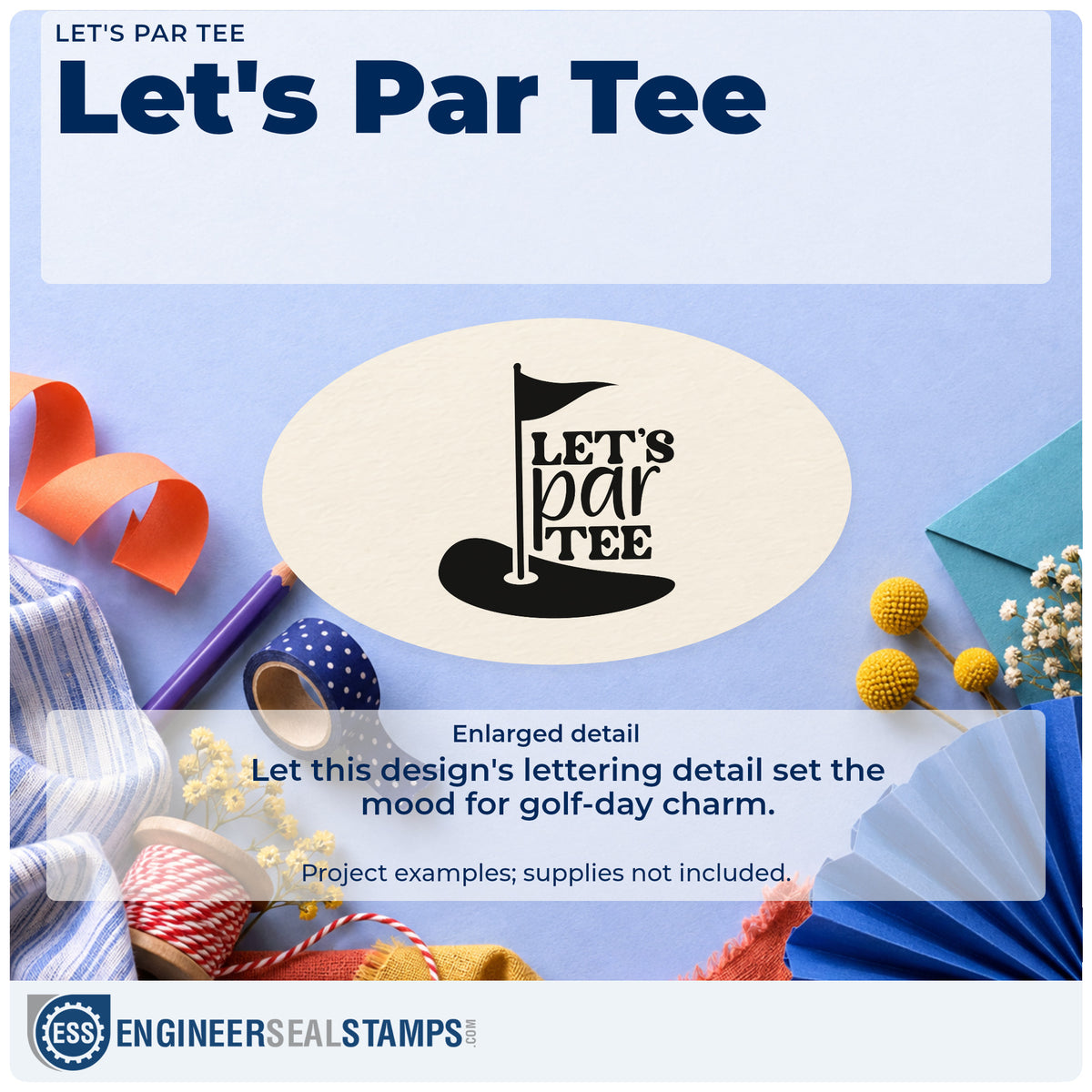 Enlarged detail of the Putting Green Flag With Let's Par Tee Stamp – Duo Hand imprint. LET'S par TEE appears beside a tall golf flag planted in a dark putting green.