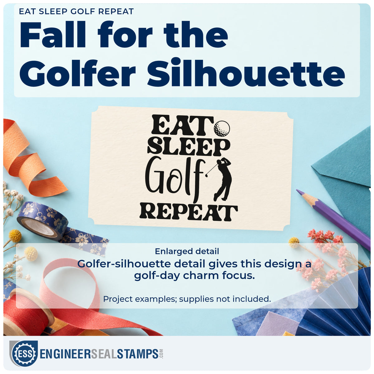 Enlarged detail of the Eat Sleep Golf Repeat Pre-Inked Stamp – Slim imprint. EAT SLEEP Golf REPEAT appears with a small golf ball and swinging golfer silhouette.