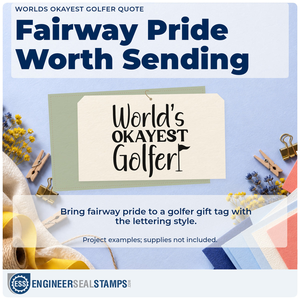 A finished handmade project stamped with the Premium Wooden Worlds Okayest Golfer Word Art Stamp – Vintage Pro, ideal for beginner album page.