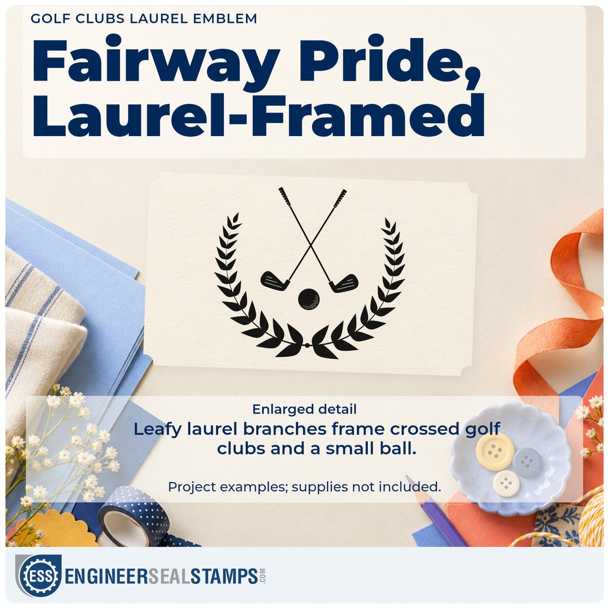 Enlarged detail of the Golf Clubs Laurel Emblem Leaf Accents Stamp – Premium Vintage Pro Wooden imprint. Crossed golf clubs and a small ball are framed by two leafy laurel branches.