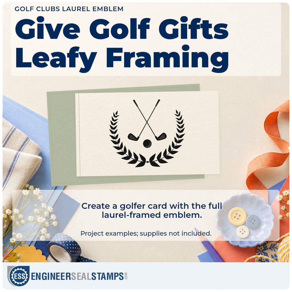 A finished handmade project stamped with the Golf Clubs Laurel Emblem Leaf Accents Slim Pre-Inked Stamp, ideal for founders album page.