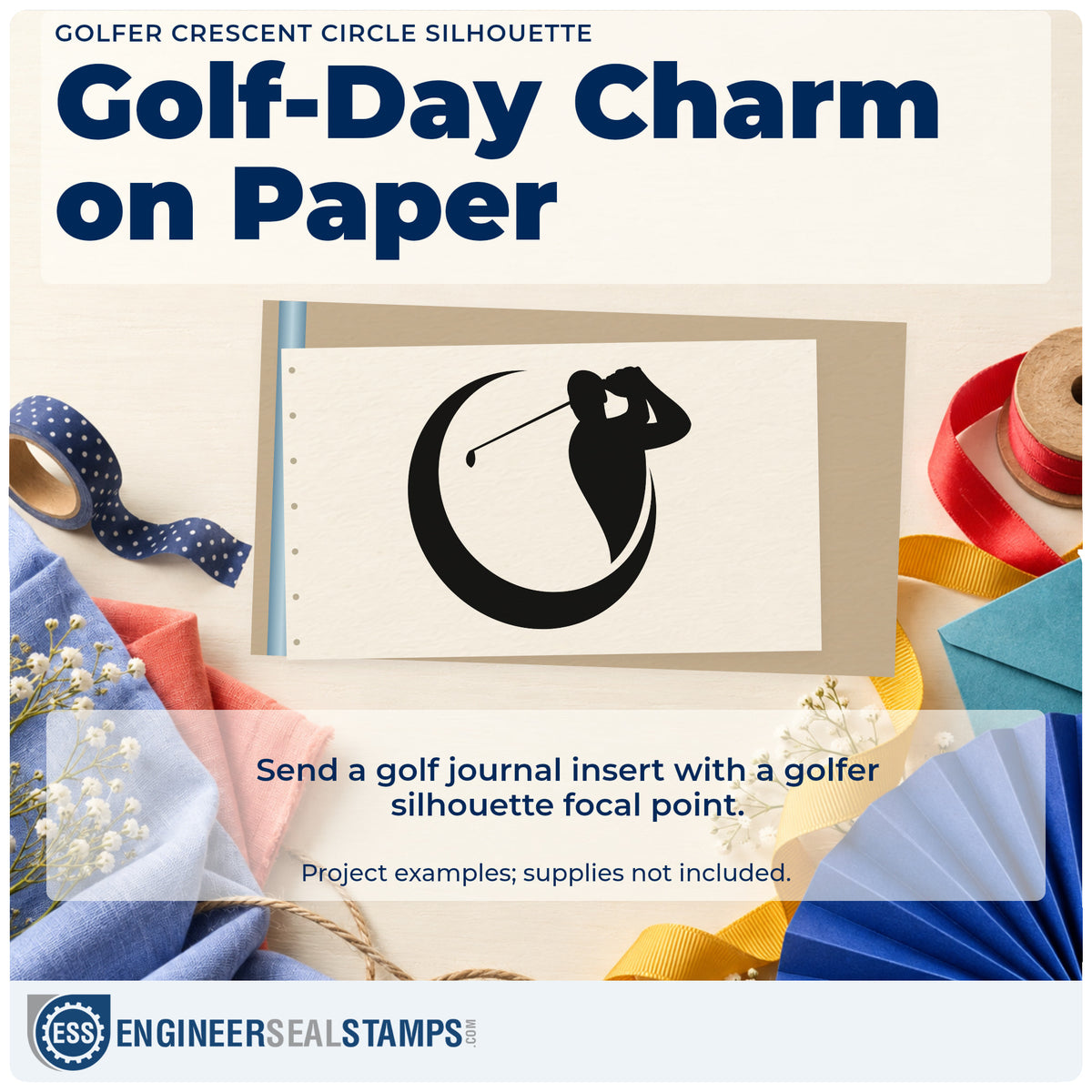 A finished handmade project stamped with the Golf Swing In A Crescent Frame Hand Stamp – Duo, ideal for video album page.