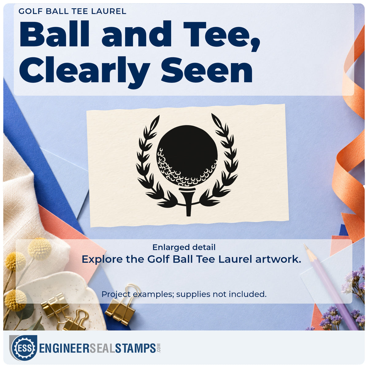 Enlarged detail of the Self-Inking Golf Ball Tee Laurel Leaf Accents Stamp imprint. A dark shaded golf ball on a tee sits between leafy laurel branches.