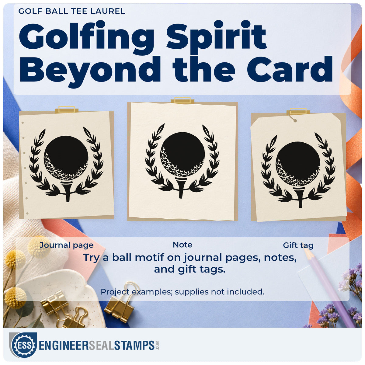 Three project examples made with the Self-Inking Golf Ball Tee Laurel Leaf Accents Stamp, including flight score sheet.