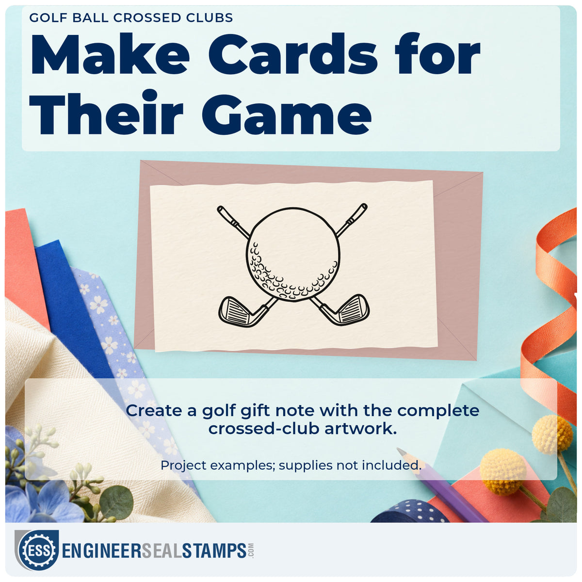 A finished handmade project stamped with the Wood Handle Golf Ball Crossed Clubs Rubber Stamp, ideal for resort season album page.