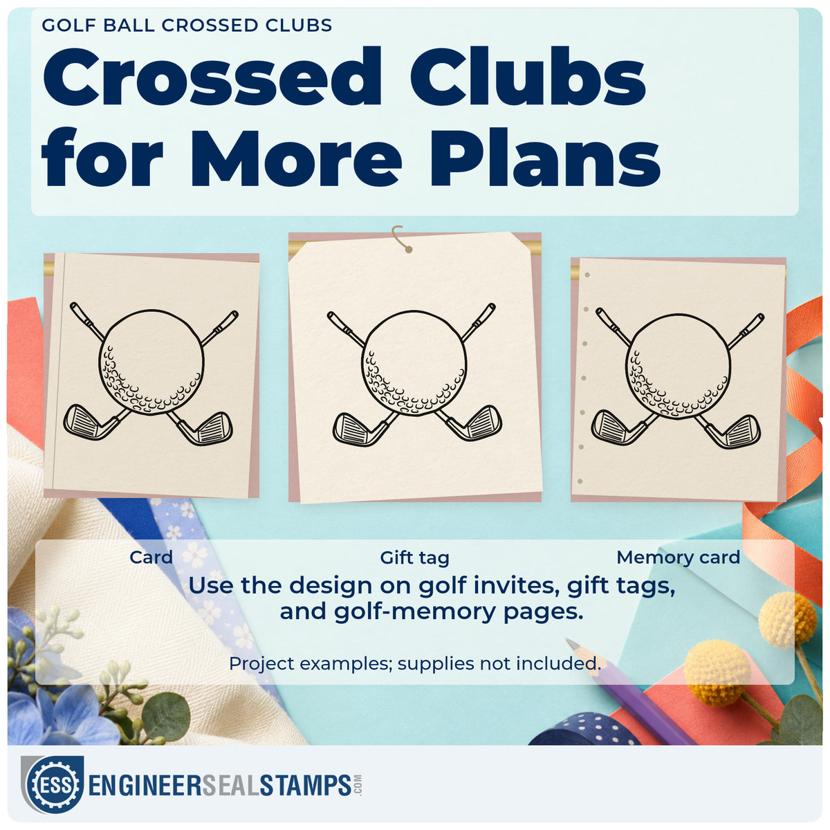 Three project examples made with the Golf Ball Crossed Clubs Rubber Stamp – Duo Hand, including tee sheet booking.
