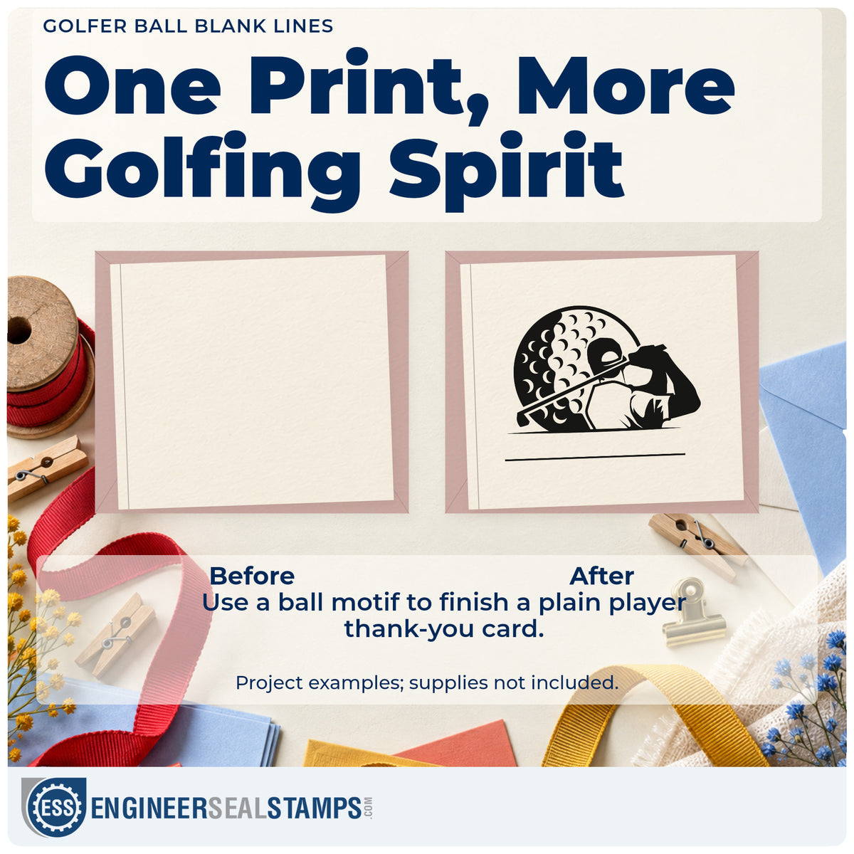 Before and after of a plain item finished with the Golfer Ball Blank Lines Stamp – Premium Vintage Pro Wooden, a quick upgrade for framed stitch bench.