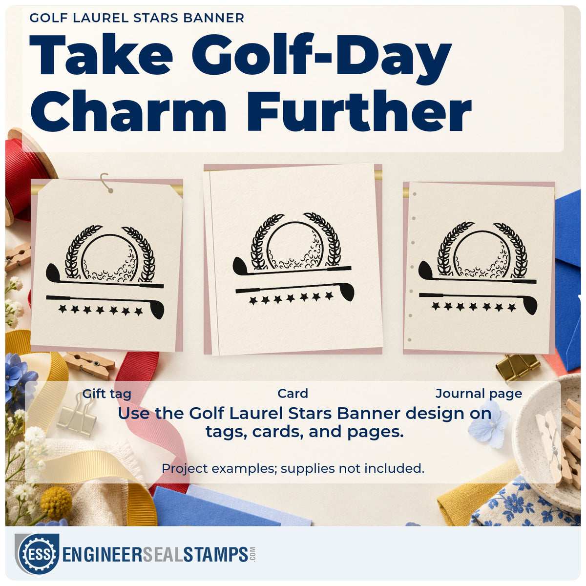 Three project examples made with the Golf Laurel Stars Banner Frame Accent Self-Inking Stamp, including match score sheet.