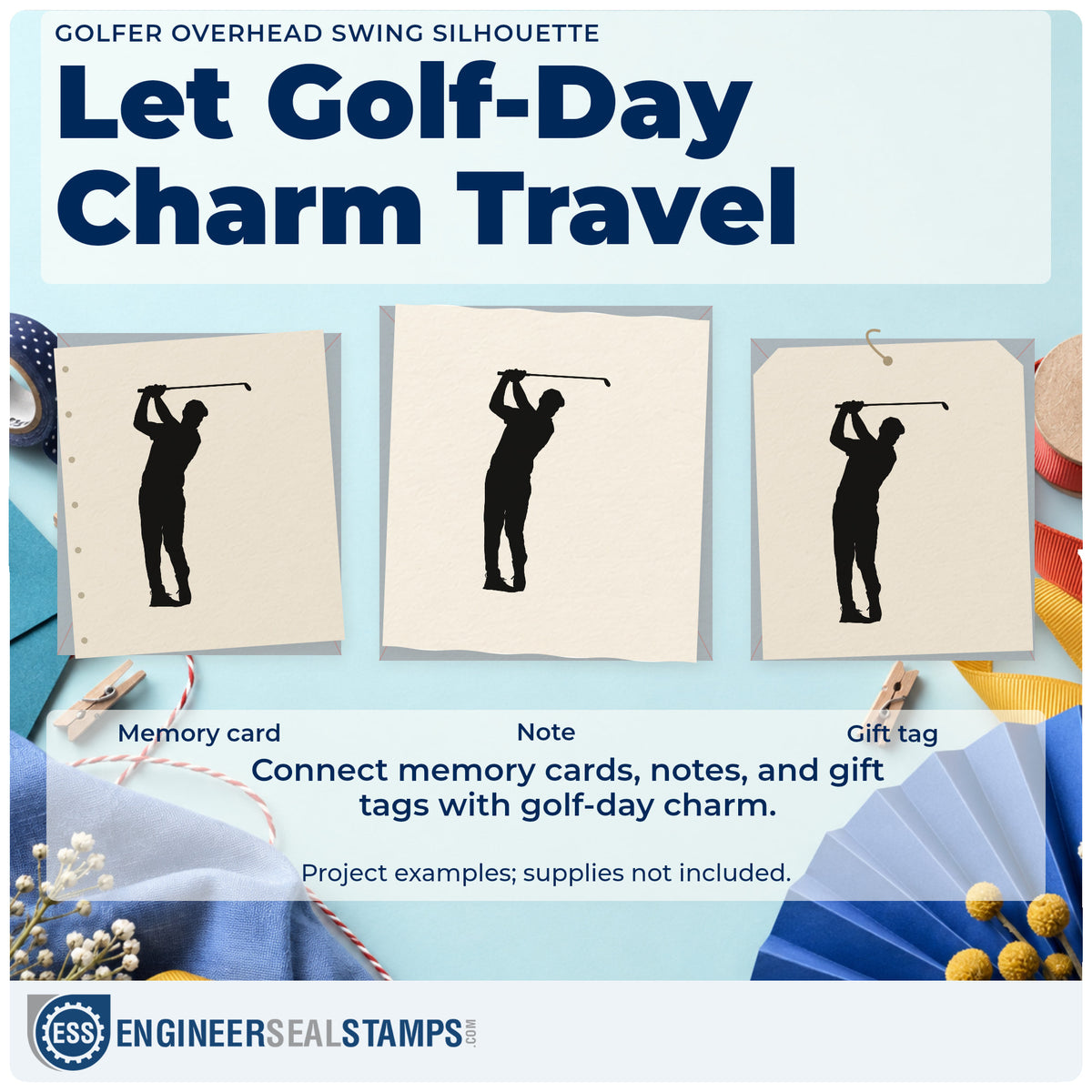 Three project examples made with the Golfer Overhead Swing Silhouette PSI Pre-Inked Stamp, including weekly result sheet.