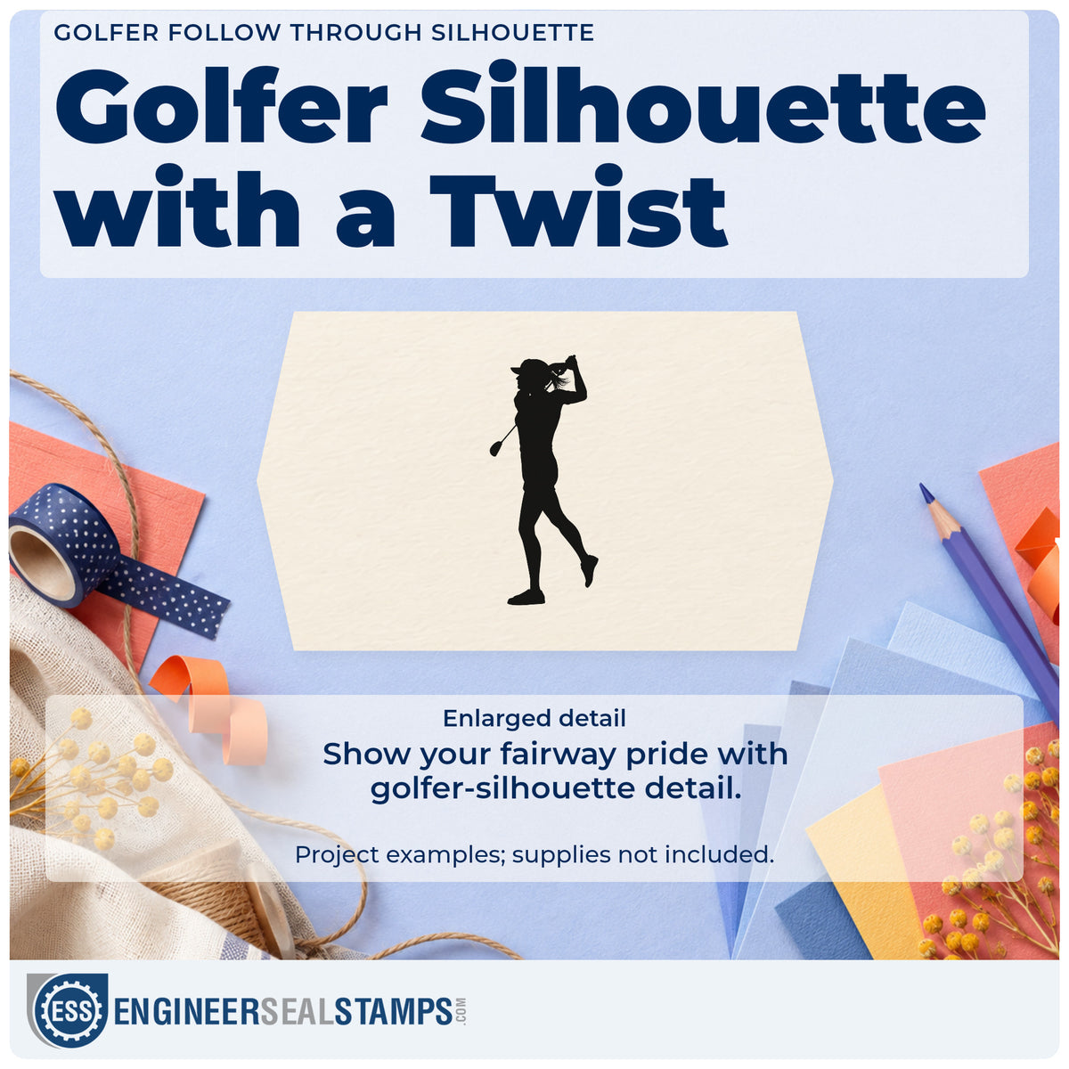 Enlarged detail of the Golf Follow-Through Bent Leg Pose Slim Pre-Inked Stamp imprint. A golfer silhouette follows through with one leg bent and the club behind the shoulders.