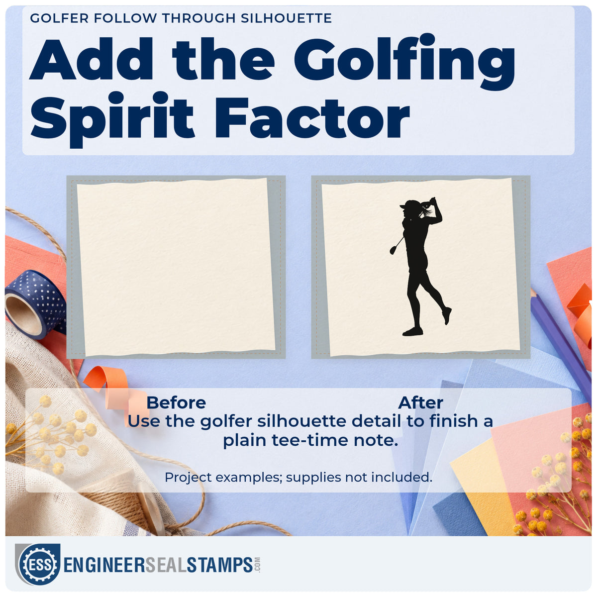 Before and after of a plain item finished with the Golf Follow-Through Bent Leg Pose Slim Pre-Inked Stamp, a quick upgrade for framed team room.