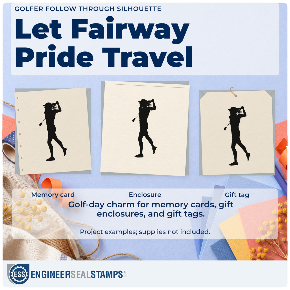 Three project examples made with the Golf Follow-Through Bent Leg Pose Slim Pre-Inked Stamp, including qualify score sheet.