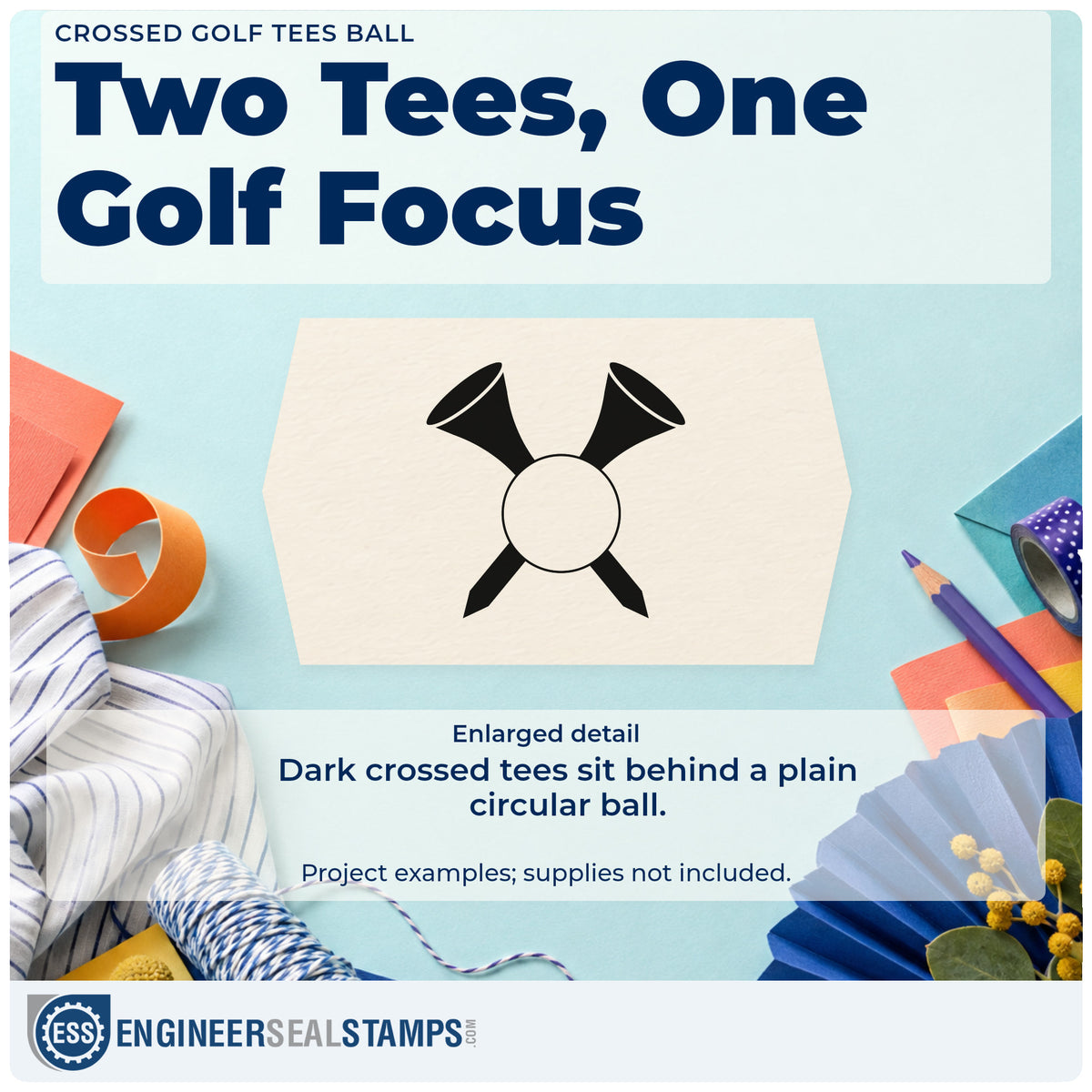 Enlarged detail of the Crossed Golf Tees Ball Rubber Stamp – Duo Hand imprint. Two large dark golf tees cross behind an unfilled circular ball.