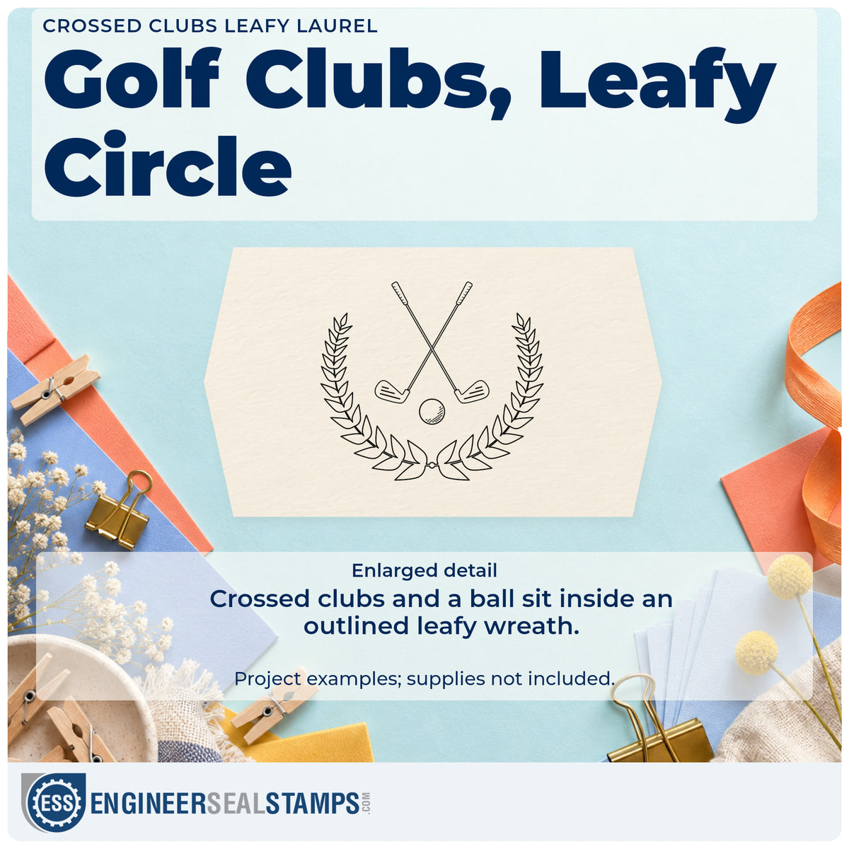 Enlarged detail of the Crossed Clubs Leafy Laurel Rubber Stamp – Wood Handle imprint. Two crossed golf clubs and a small ball sit inside an outlined leafy wreath.