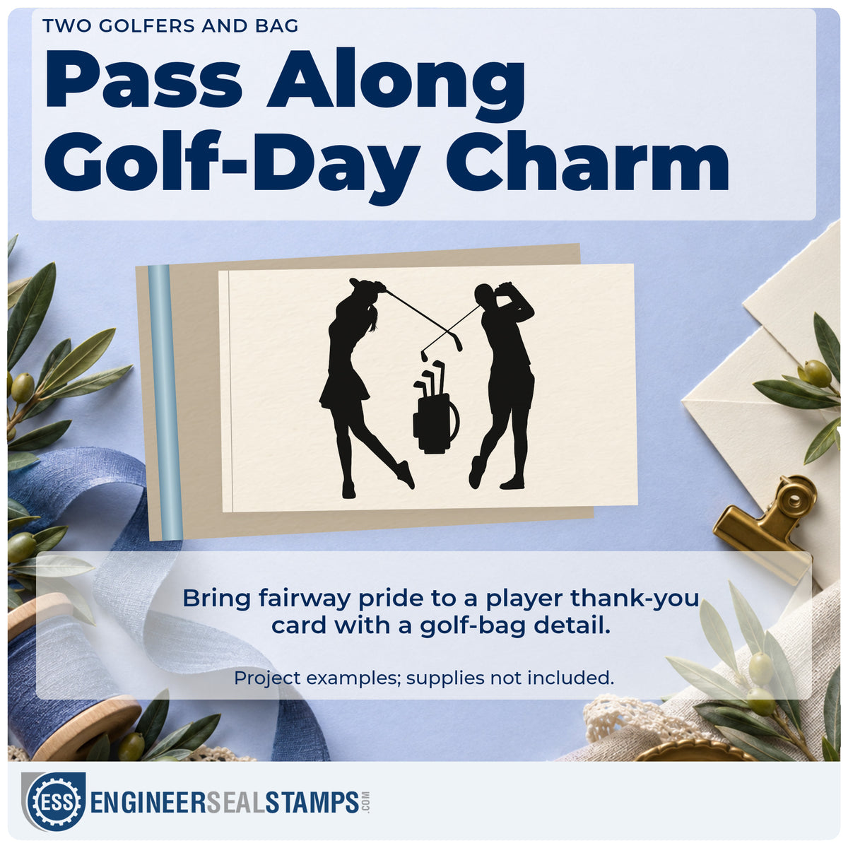 A finished handmade project stamped with the Two Golfers And Bag Stamp – PSI Pre-Inked, ideal for pair event album page.