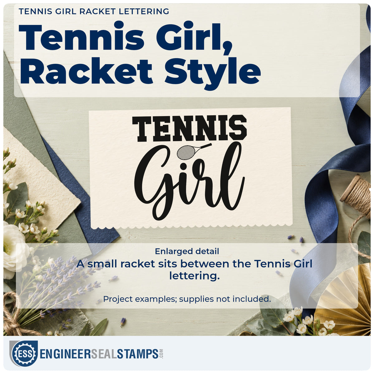 Enlarged detail of the Tennis Girl Racket Lettering Craft Stamp – Self-Inking imprint. TENNIS Girl appears with a small tennis racket between the words.