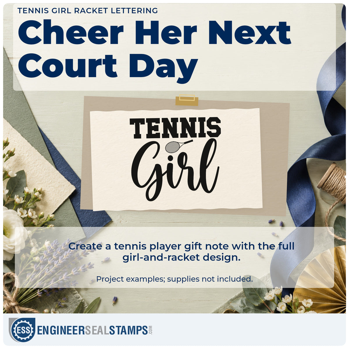 A finished handmade project stamped with the Tennis Girl Racket Lettering Pre-Inked Stamp – Slim, ideal for junior album page.