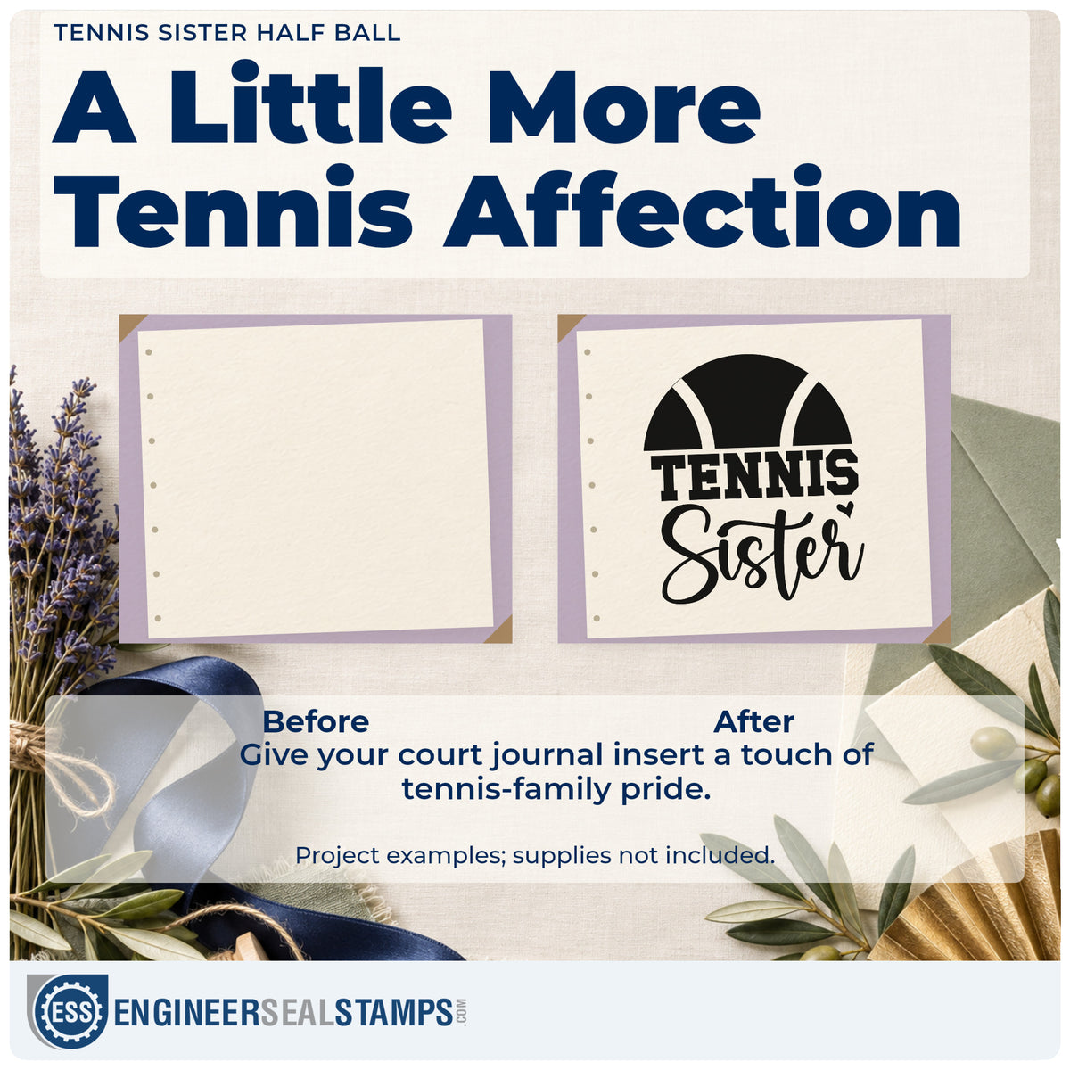 Before and after of a plain item finished with the Tennis Sister Half Ball With Hearts Pre-Inked Stamp – PSI, a quick upgrade for framed bedroom shelf.