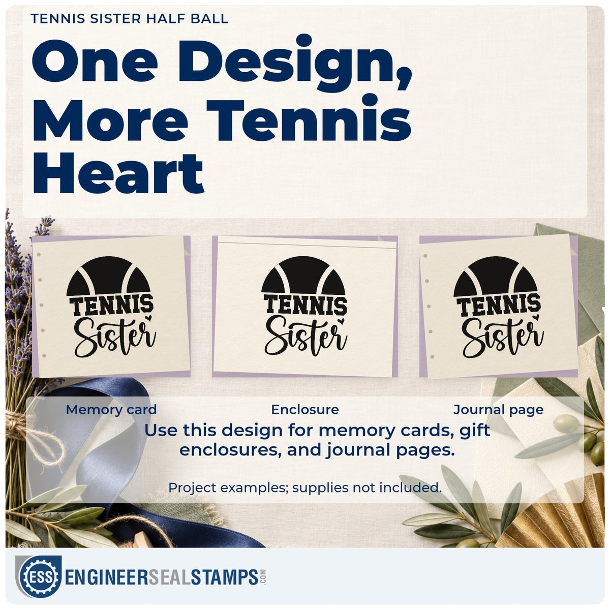 Three project examples made with the Tennis Sister Half Ball With Hearts Stamp – Duo Hand, including match attend sheet.