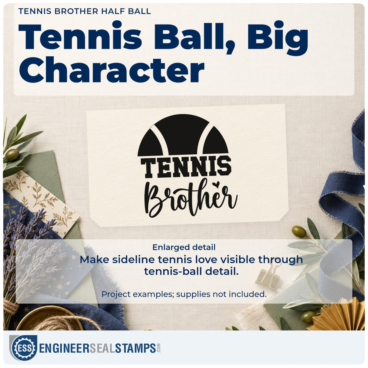 Enlarged detail of the Tennis Brother Half Ball Rubber Stamp – Duo Hand imprint. A half tennis ball sits above TENNIS Brother with a tiny heart.