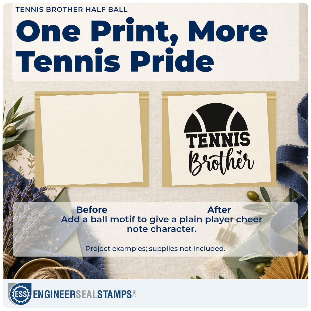 Before and after of a plain item finished with the Tennis Brother Half Ball Rubber Stamp – Duo Hand, a quick upgrade for framed court hut.