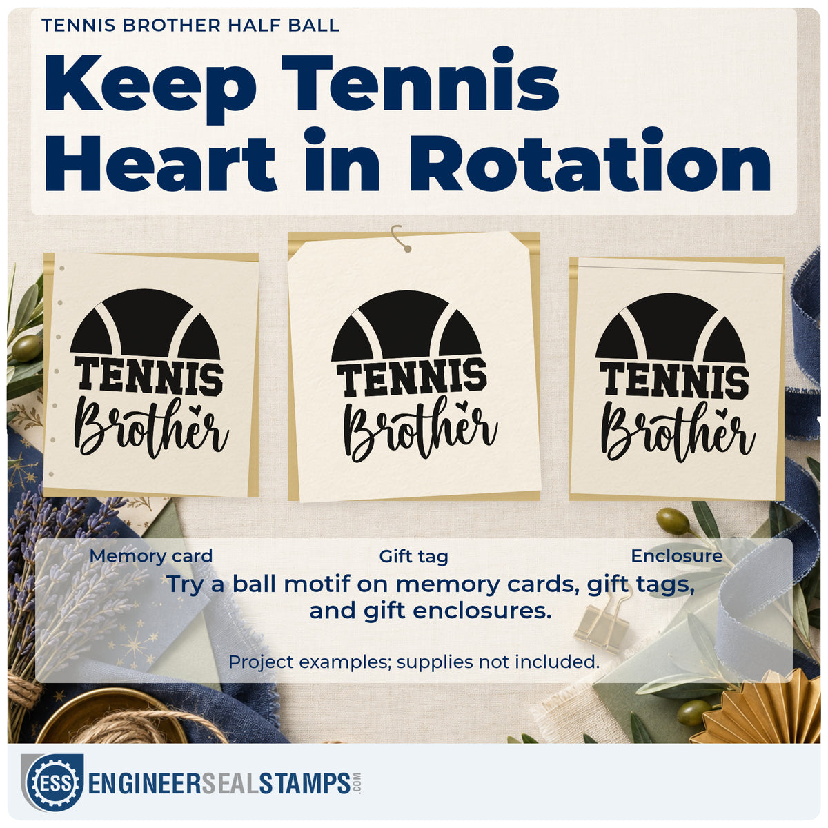 Three project examples made with the Tennis Brother Half Ball Rubber Stamp – Duo Hand, including duty rota sheet.