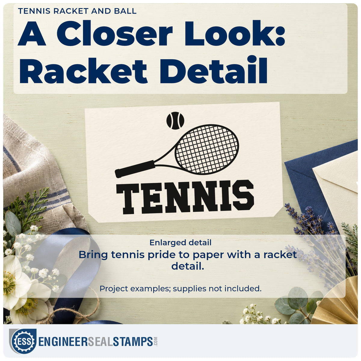 Enlarged detail of the Tennis Racket And Ball Lettering Rubber Stamp – Wood Handle imprint. A tilted tennis racket and small ball sit above TENNIS.
