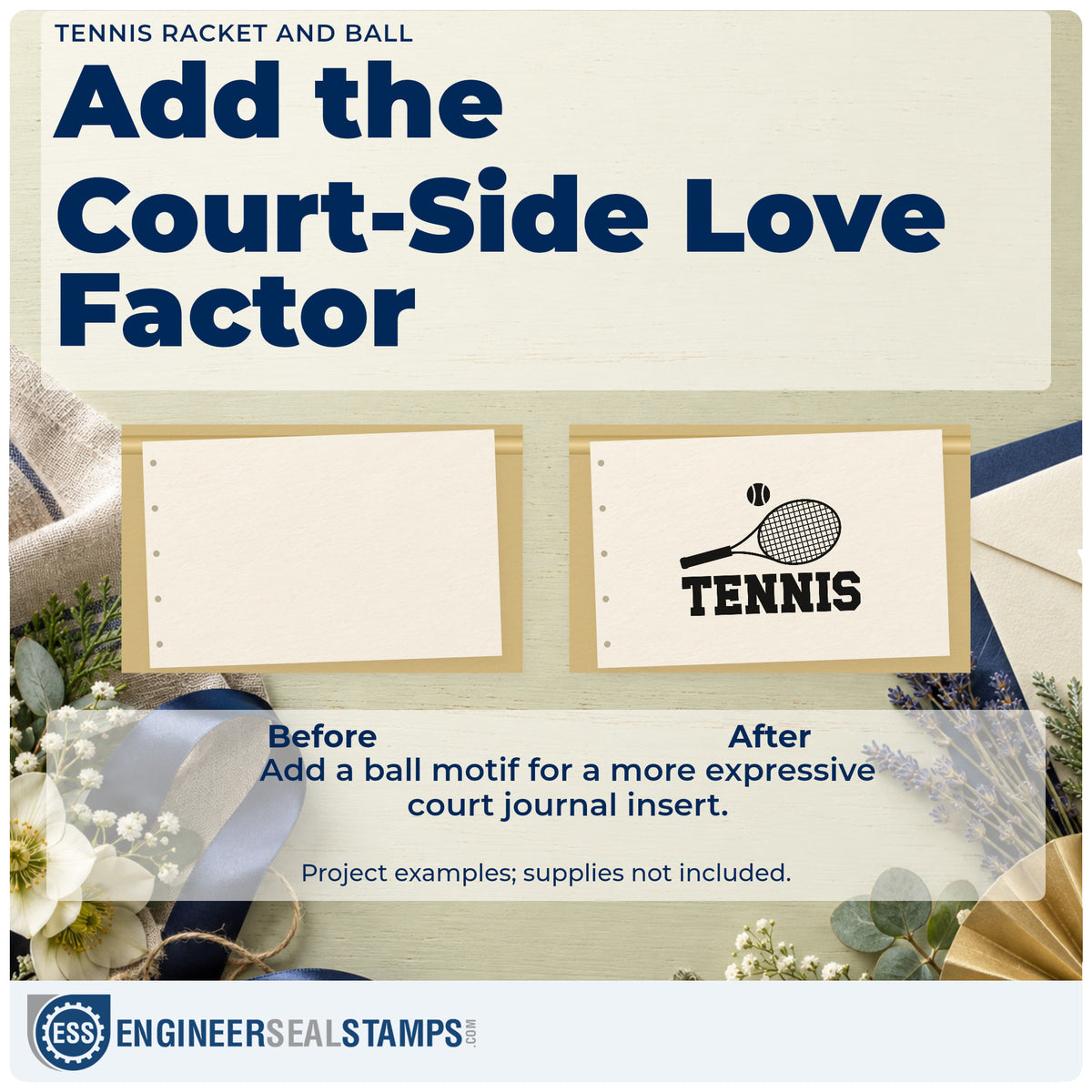 Before and after of a plain item finished with the Tennis Racket And Ball Lettering Stamp – Slim Pre-Inked, a quick upgrade for framed string bench.