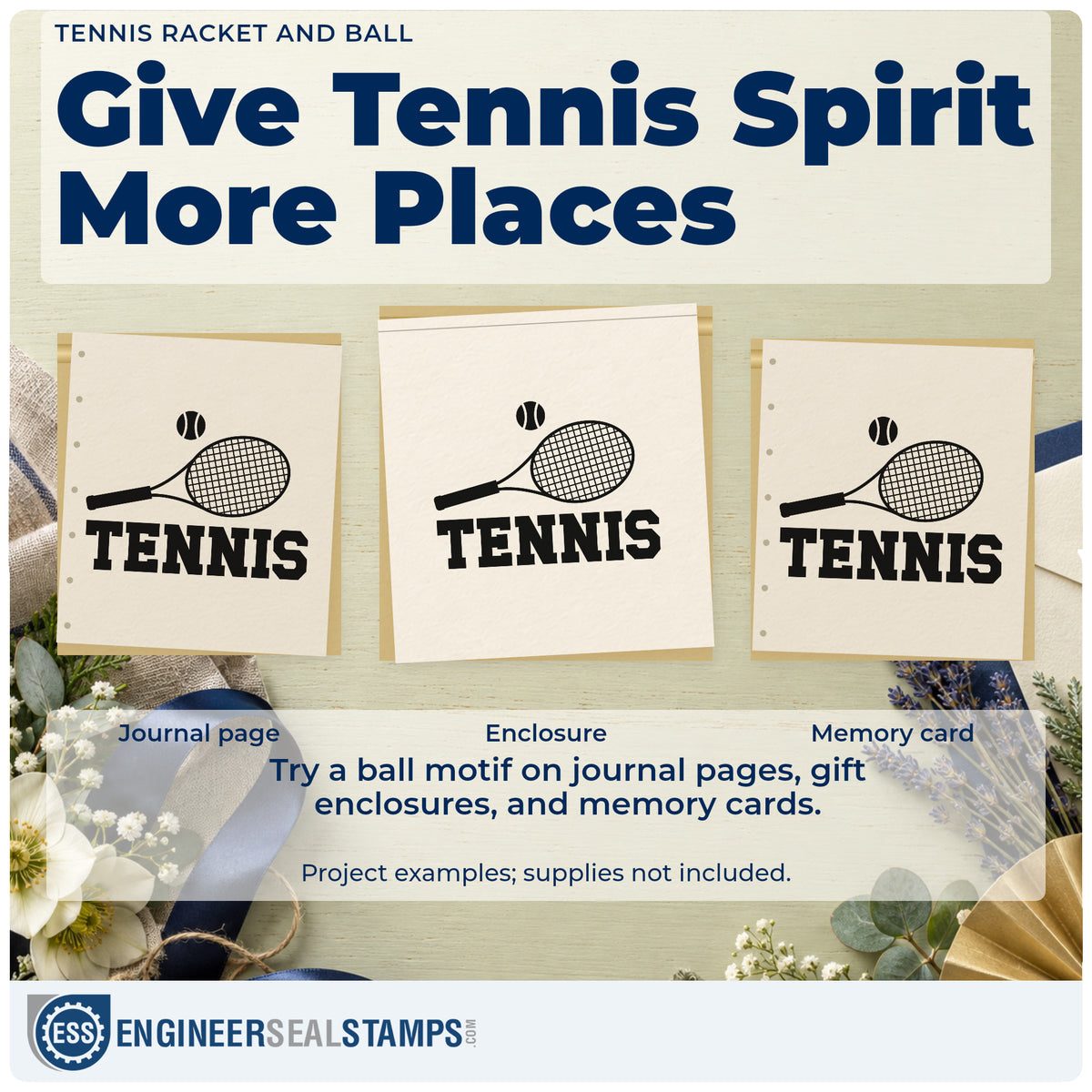 Three project examples made with the Tennis Racket And Ball Lettering PSI Pre-Inked Stamp, including job queue sheet.