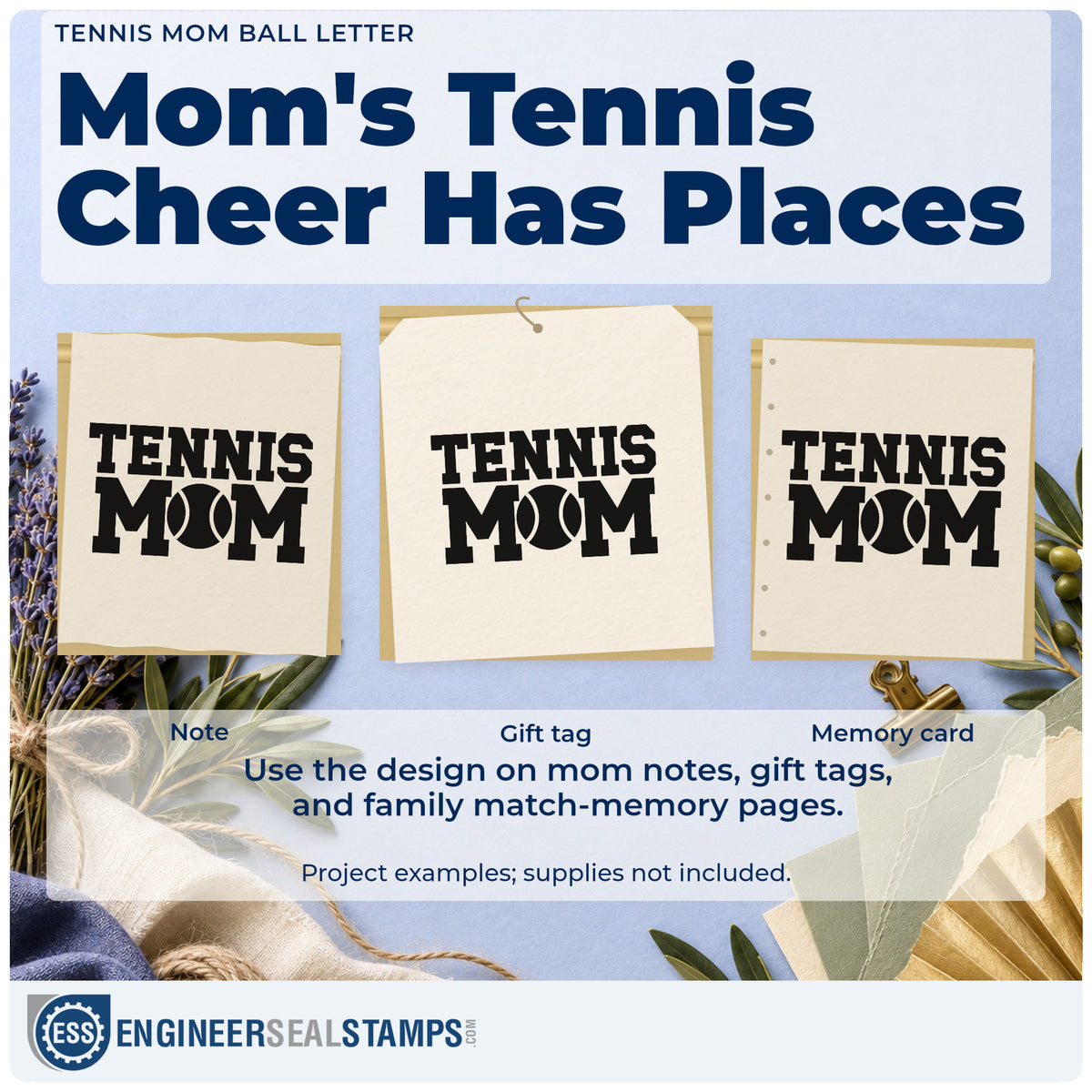 Three project examples made with the Tennis Mom Ball Letter Rubber Stamp – Duo Hand, including ride rota sheet.