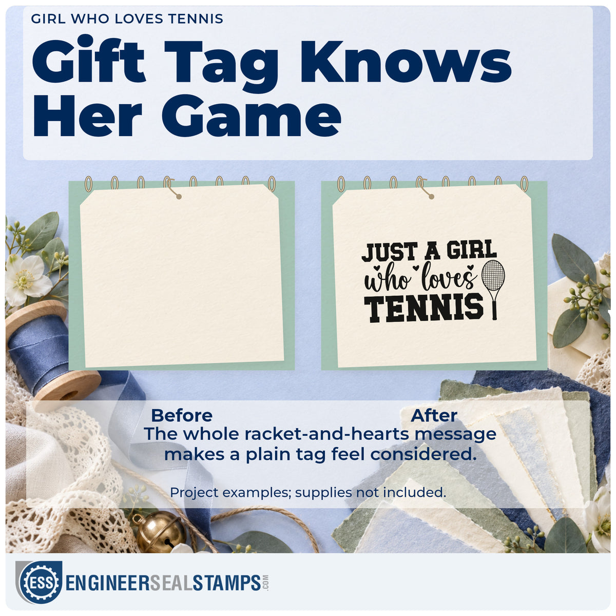 Before and after of a plain item finished with the Just A Girl Who Loves Tennis Compact Pre-Inked Stamp – Slim, a quick upgrade for framed bedroom desk.