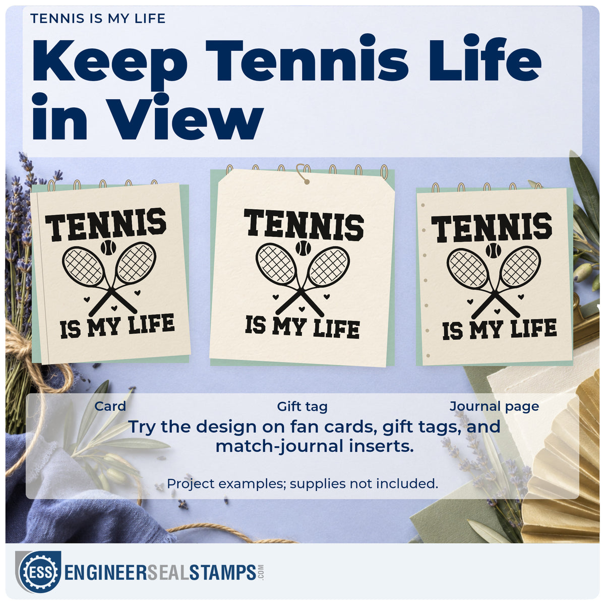 Three project examples made with the Tennis Is My Life Duo Hand Stamp, including match result sheet.