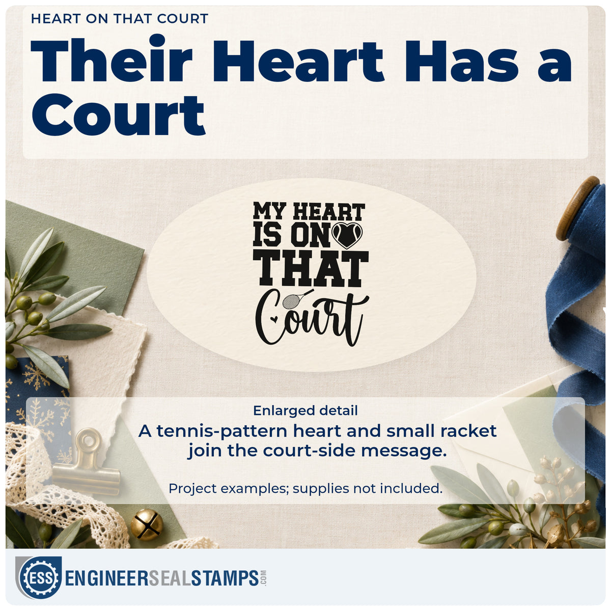 Enlarged detail of the Tennis Heart On The Court With Racket Rubber Stamp – Duo Hand imprint. MY HEART IS ON THAT Court appears with a tennis-pattern heart and small racket.