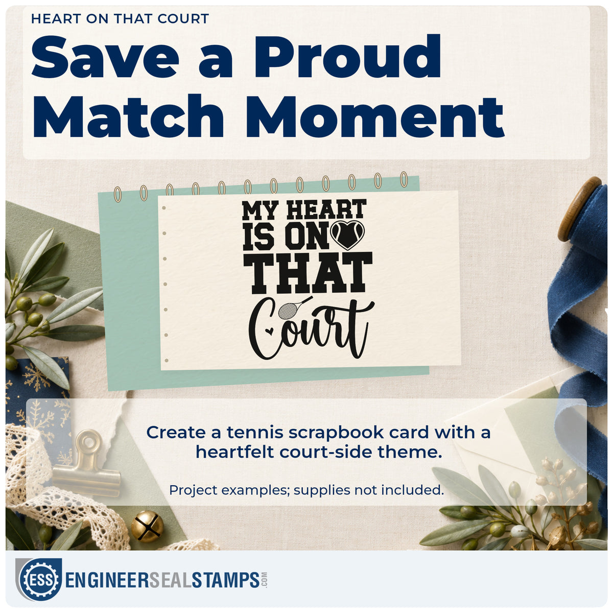 A finished handmade project stamped with the Tennis Heart On The Court With Racket Pre-Inked Stamp – PSI, ideal for watching album page.