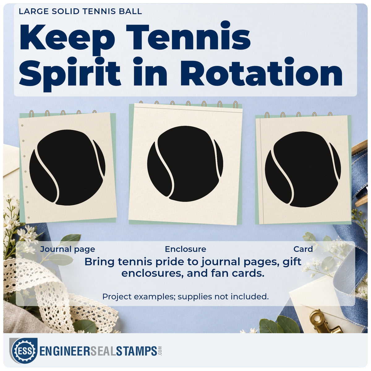 Three project examples made with the Tennis Ball With Curved Cutout Seams Stamp – Duo Hand, including feed drill sheet.