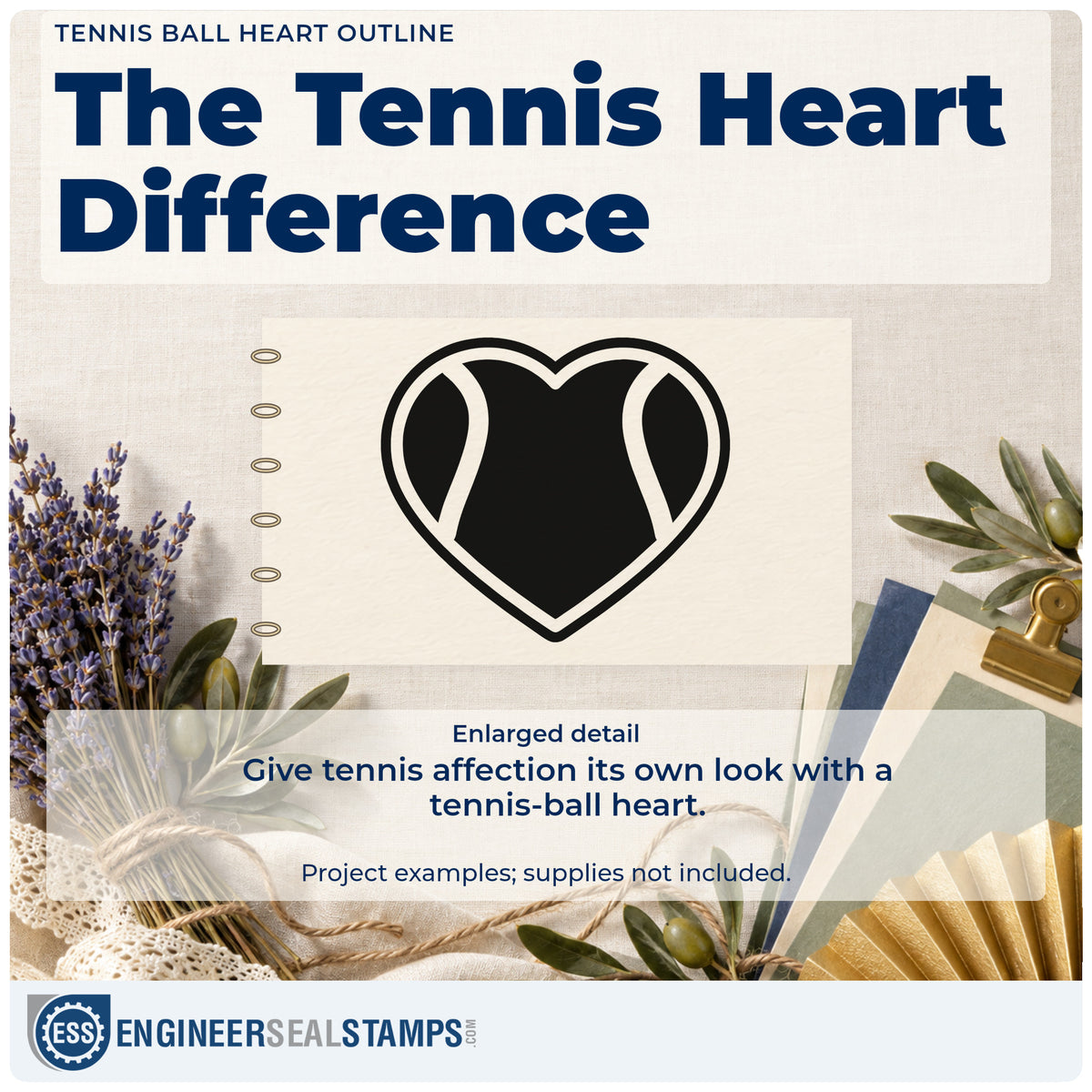 Enlarged detail of the Duo Hand Tennis Ball Heart Line Art Rubber Stamp imprint. A heart-shaped tennis ball has curved negative-space seams and an outlined border.