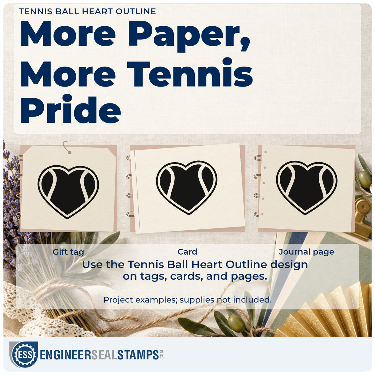 Three project examples made with the Duo Hand Tennis Ball Heart Line Art Rubber Stamp, including entry track sheet.