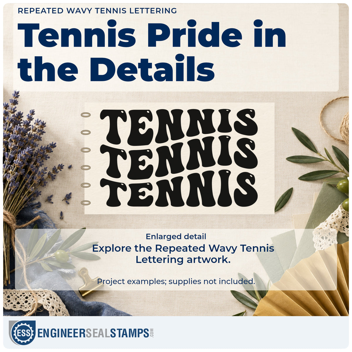 Enlarged detail of the Repeated Wavy Tennis Word Art Slim Pre-Inked Stamp imprint. TENNIS appears three times in stacked wavy bold lettering.