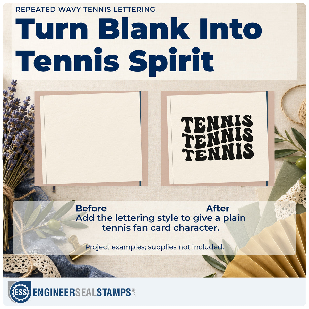 Before and after of a plain item finished with the Repeated Wavy Tennis Word Art Slim Pre-Inked Stamp, a quick upgrade for framed shop wall.