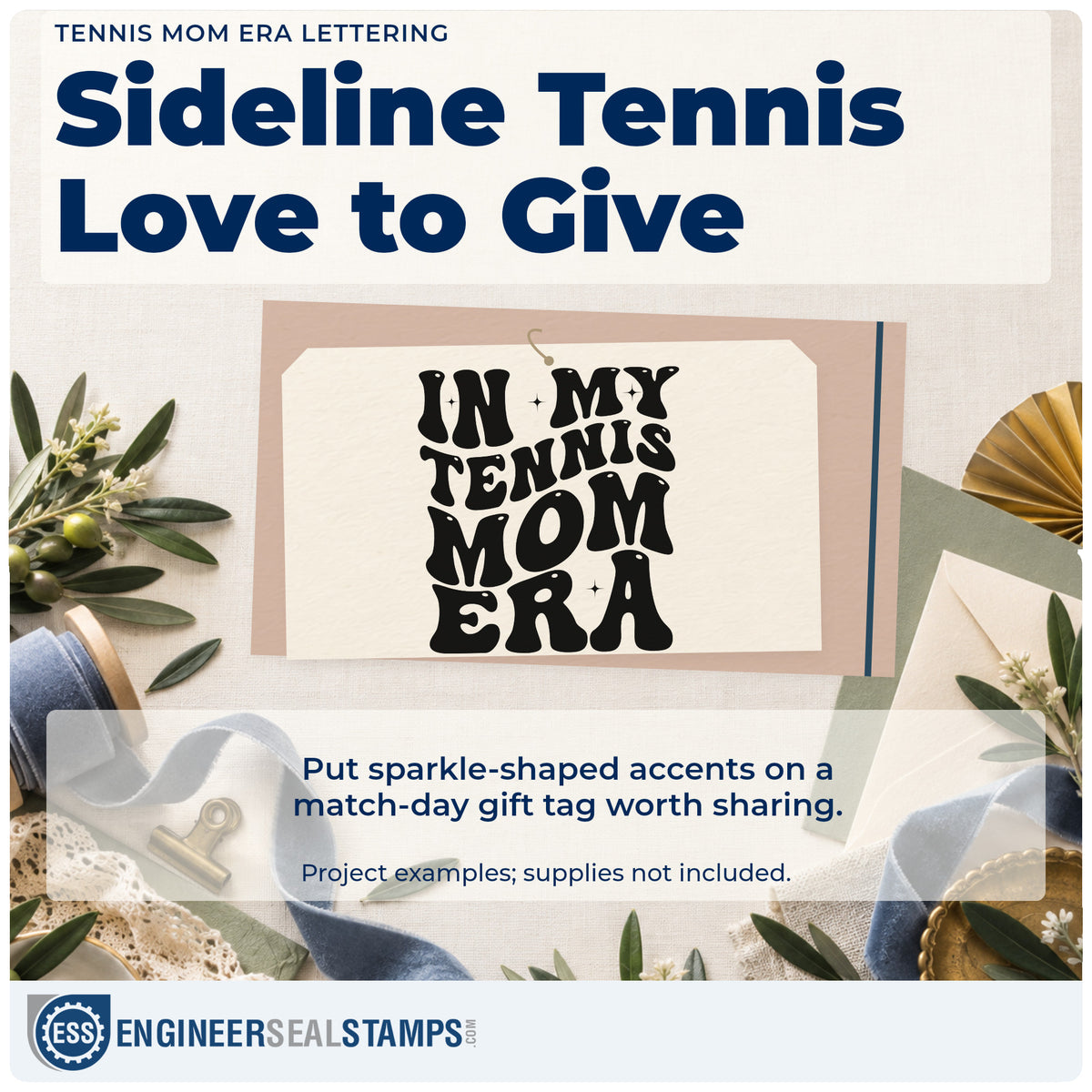 A finished handmade project stamped with the Pre-Inked Tennis Mom Era Lettering Stamp – PSI, ideal for parent group album page.