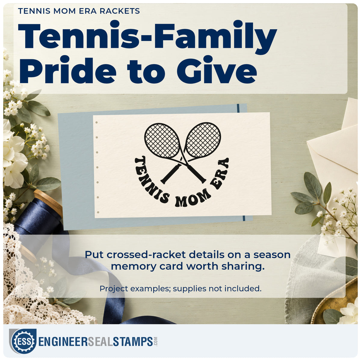 A finished handmade project stamped with the Tennis Mom Era Rackets Lettering Rubber Stamp – Duo Hand, ideal for photo day album page.