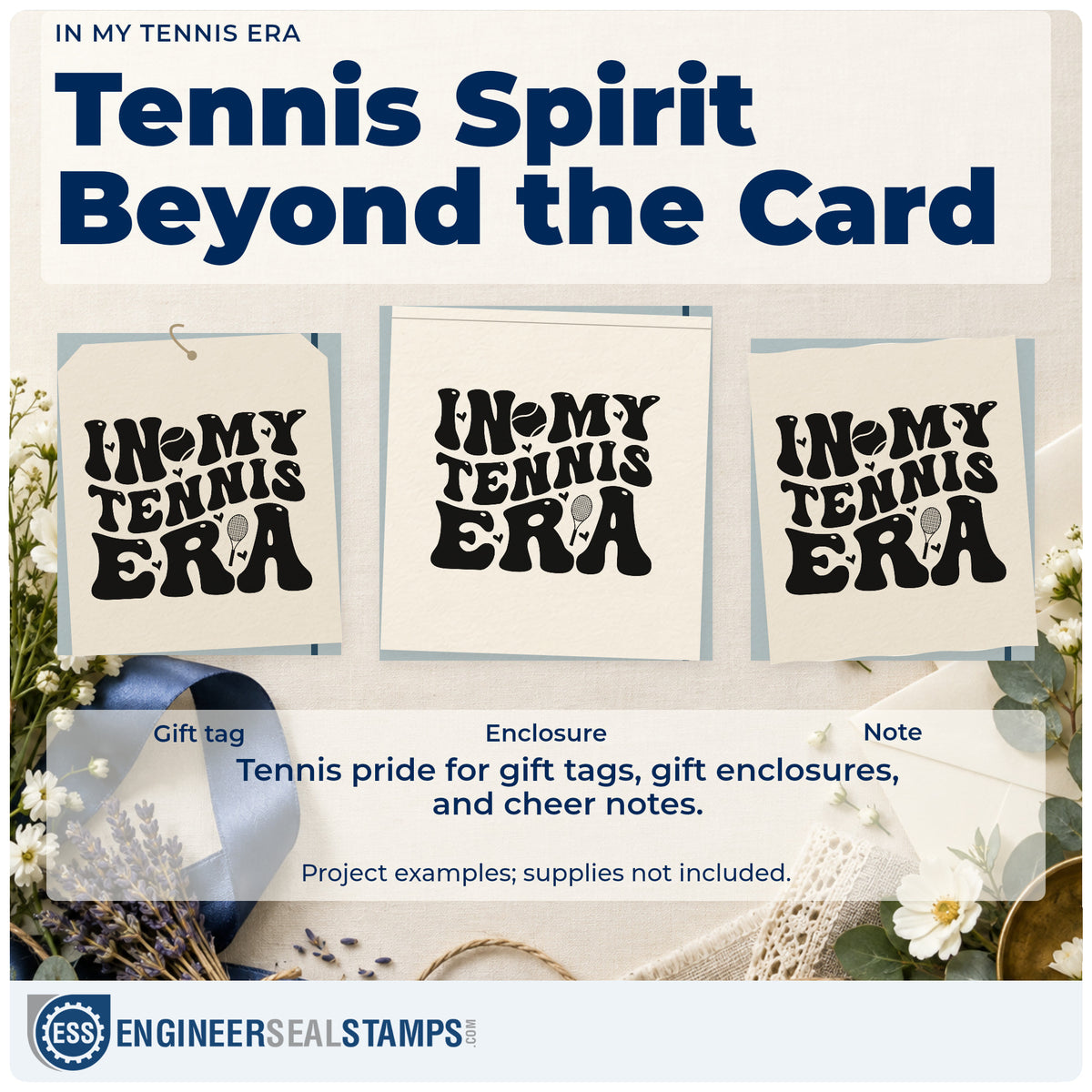 Three project examples made with the In My Tennis Era Stamp – Self-Inking, including week plan sheet.