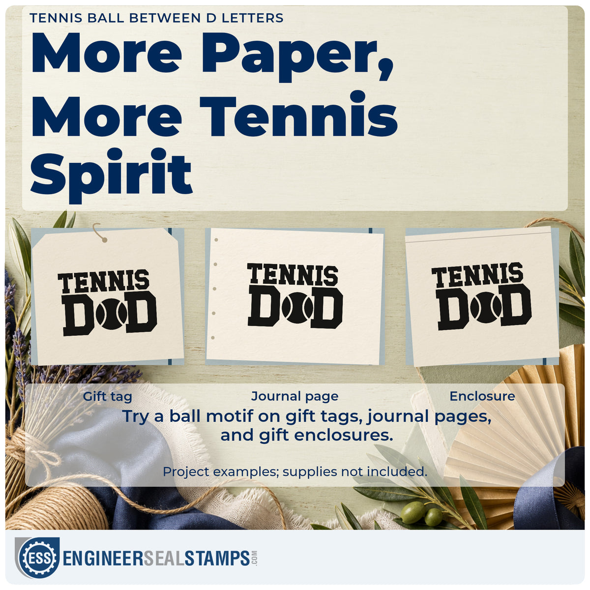 Three project examples made with the Two D Letters With Tennis Ball Premium Wooden Stamp – Vintage Pro, including drill plan sheet.