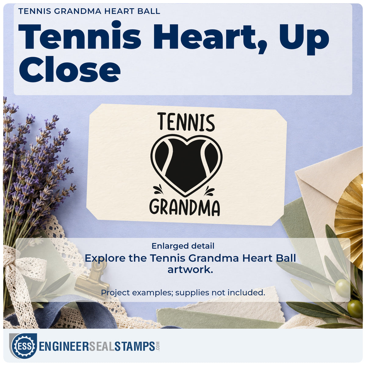 Enlarged detail of the Grandma Tennis Heart Lettering Pre-Inked Stamp – Slim imprint. TENNIS GRANDMA surrounds a heart-shaped tennis ball with small accent strokes.