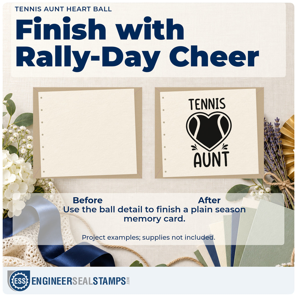 Before and after of a plain item finished with the PSI Pre-Inked Aunt Tennis Heart Lettering Stamp, a quick upgrade for framed hall shelf.