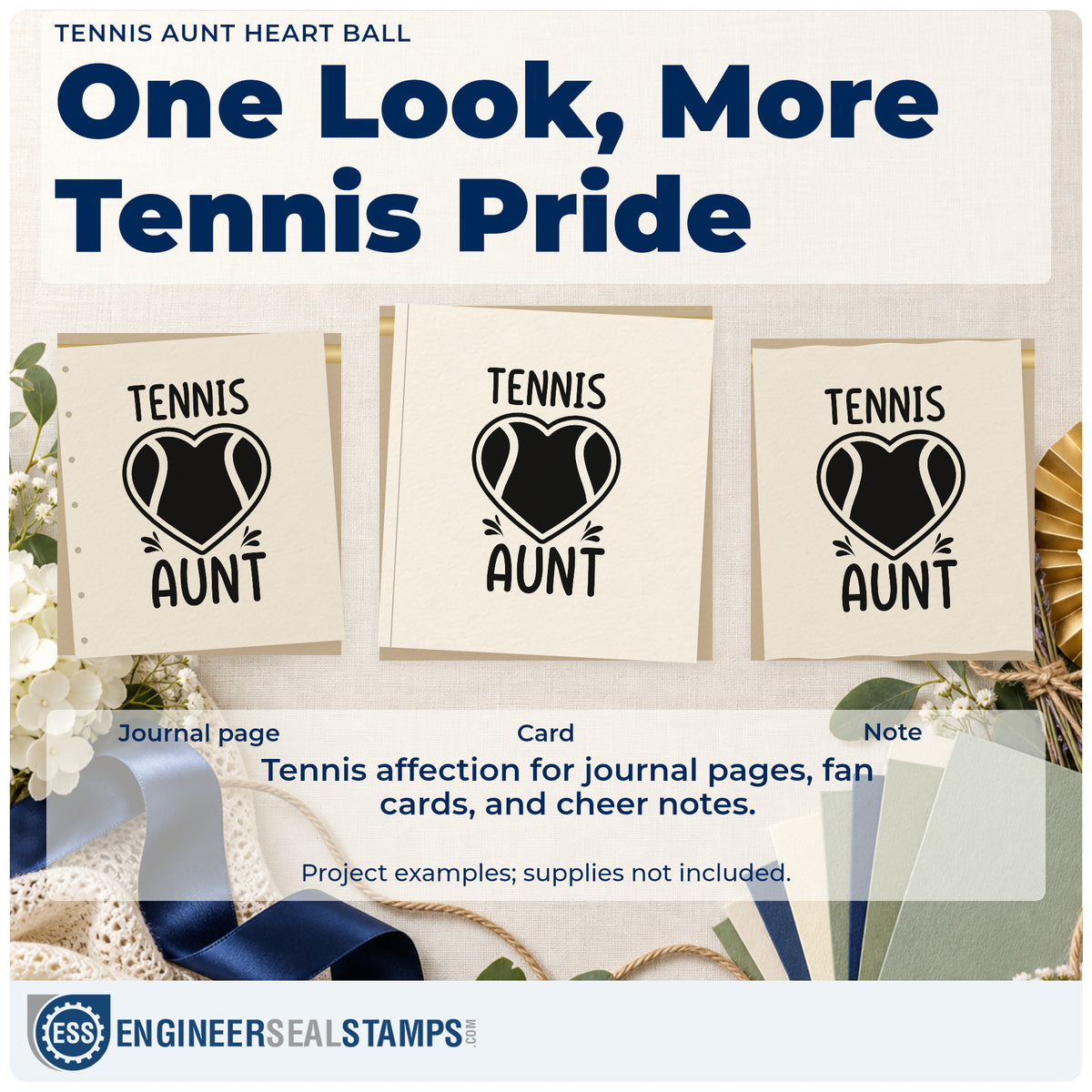 Three project examples made with the Aunt Tennis Heart Lettering Slim Pre-Inked Stamp, including trip plan sheet.