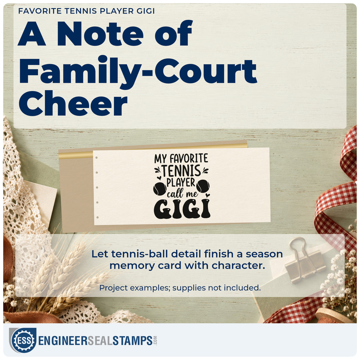 A finished handmade project stamped with the Favorite Tennis Player Gigi With Hearts Slim Pre-Inked Stamp, ideal for package album page.