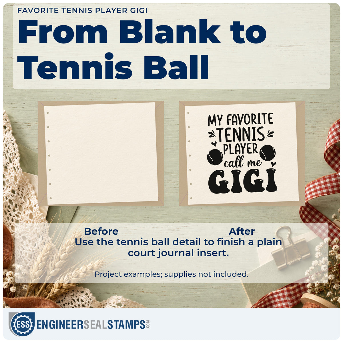 Before and after of a plain item finished with the Favorite Tennis Player Gigi With Hearts Stamp – Duo Hand, a quick upgrade for framed packing corner.