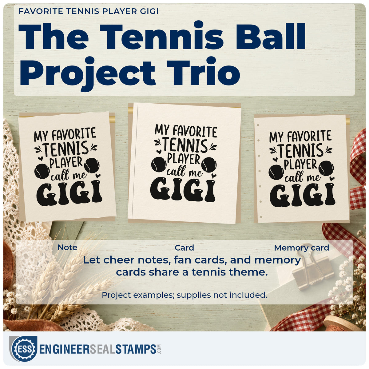 Three project examples made with the Favorite Tennis Player Gigi With Hearts Pre-Inked Stamp – PSI, including mailing plan sheet.